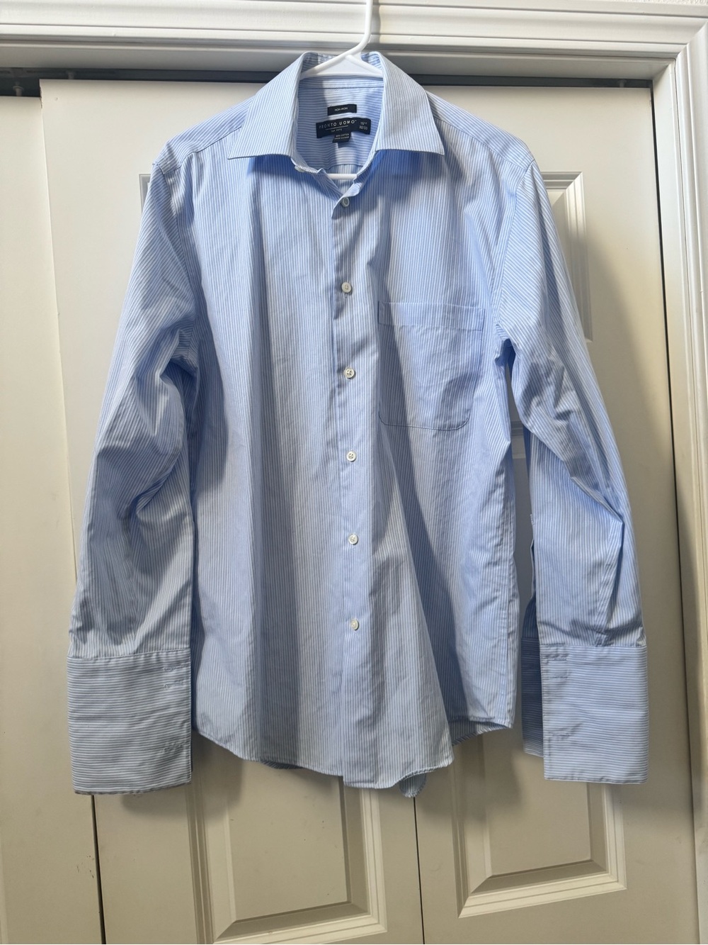 Pronto Uomo Men’s Dress Shirt Non Iron Cotton Blue White Stripes 15 1/2 32/33